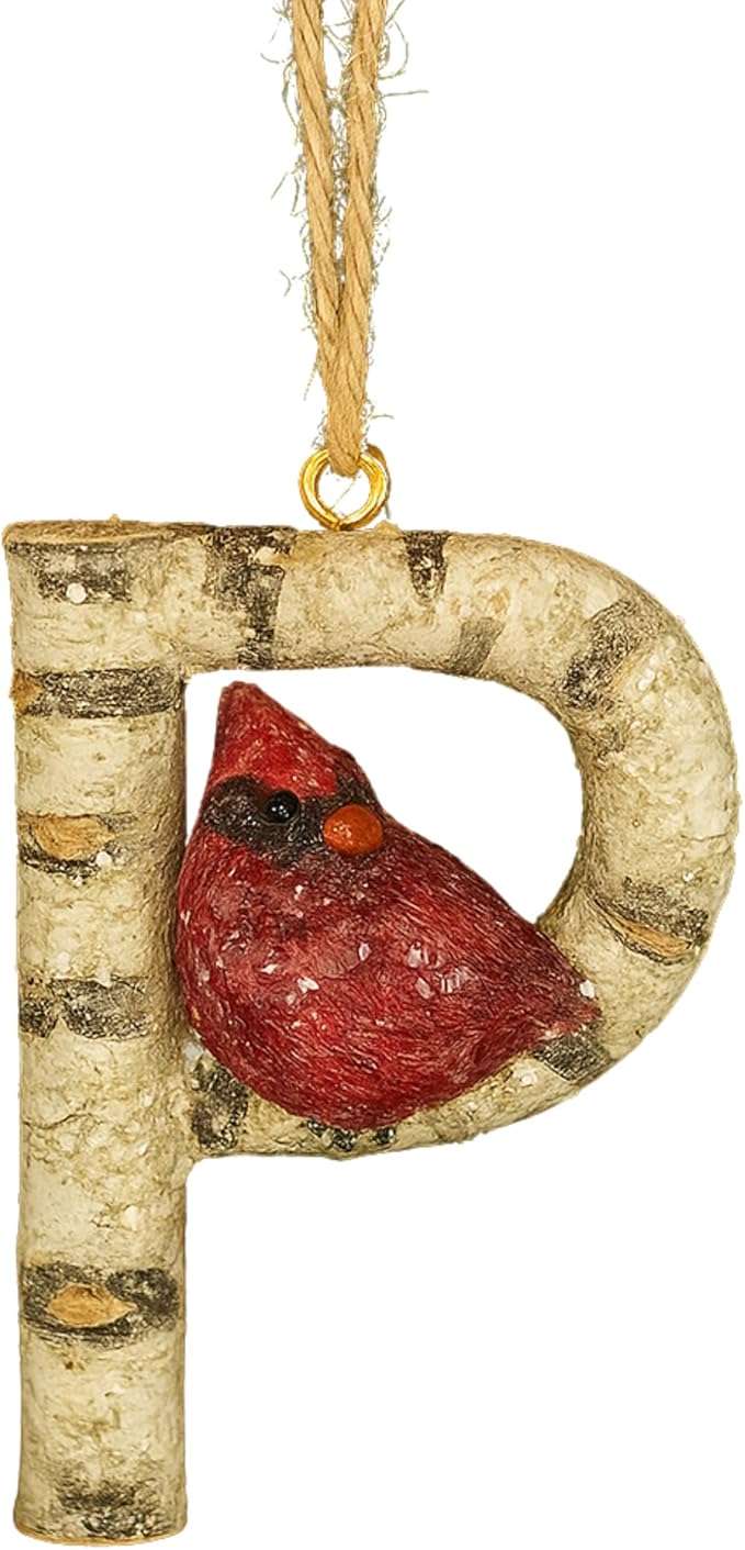 Rustic Cardinal Initial Letter Christmas Ornament – Birch Wood Look Hanging Alphabet Monogram Decoration for Holiday Tree & Winter Home Décor (P)