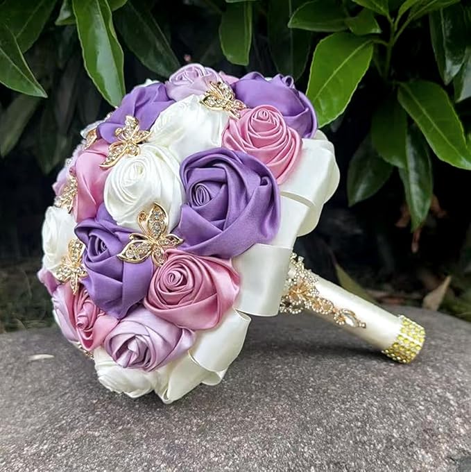Handmade Floral Satin Rose Butterfly Shape Rhinestone Bridal Bouquet Luxury Golden Rhinestone Artificial Flowers for Wedding