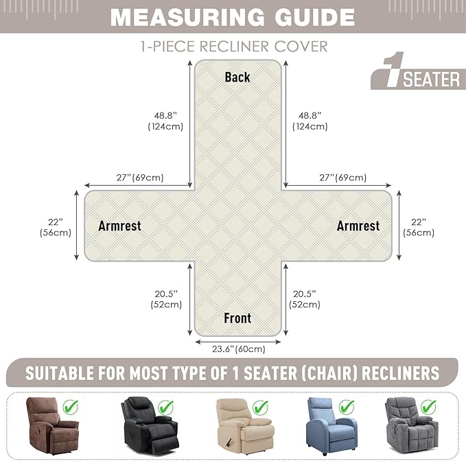 TAOCOCO 100% Waterproof Recliner Chair Cover, Recliner Covers for Recliner Chair with Pocket, Non Slip Reclining Chair Cover Furniture Protector for Kids, Pets(23.6'', Khaki-Velvet)