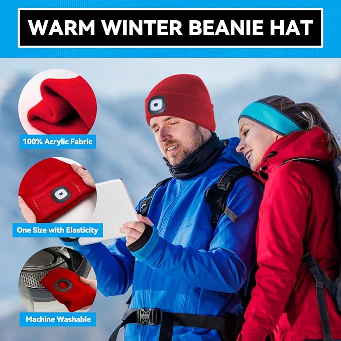 Christmas Stocking Stuffers for Men Adults, Beanie Hats with Light, USB Rechargeable LED Hand Free Headlamp, Birthday Gifts for Men, Women, and Teens, Ideal for Camping, Hiking, 2 Pack, Red