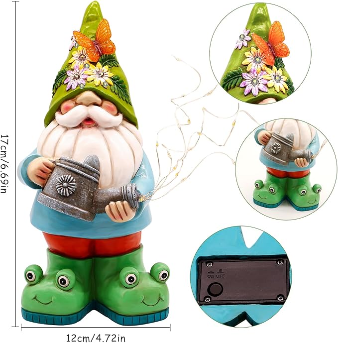Solar Watering Can Gnome Light Waterproof -Christmas Funny Gnome for Mom Women Solar Outdoor LED Lights Resin Large Garden Gnomes Statues Decor Lantern Figurines Decorations Indoor Porch