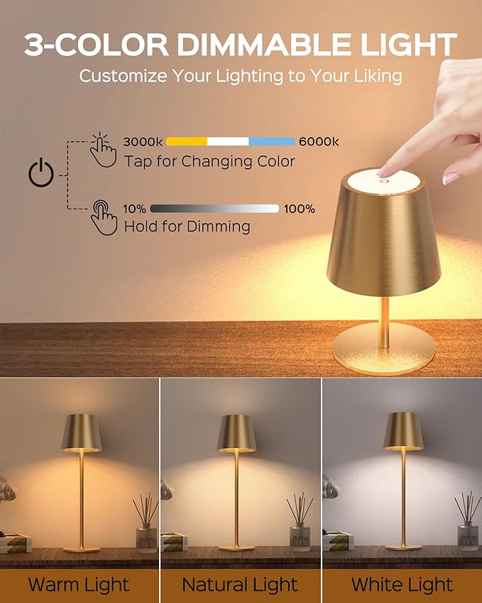 JACKYLED Cordless Table Lamps Rechargeable, 3 Adjustable Height, 5000mAh Battery Operated, 3 Colors Smooth Dimming, Portable LED Waterproof Gold Lamp for Dining, Bedroom, Outdoor (2 Pack)