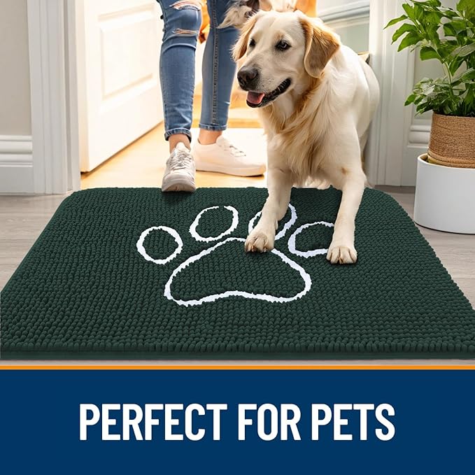 OLANLY Dog Door Mat for Muddy Paws 47x32, Paw Print Design, Absorbs Moisture and Dirt, Absorbent Non-Slip Washable Doormat, Quick Dry Chenille Mud Mat, Entry Indoor Entryway Carpet, Blackish Green