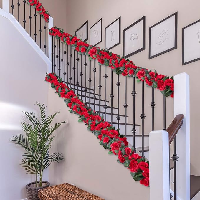 LESING Rose Garlands Artificial Rose Vines, 4PCS(28.8FT) Fake Silk Flower Garland with Greenery Plants Wedding Hanging Flower Vines Garlands for Home Office Arch Garden Decoration (Red)