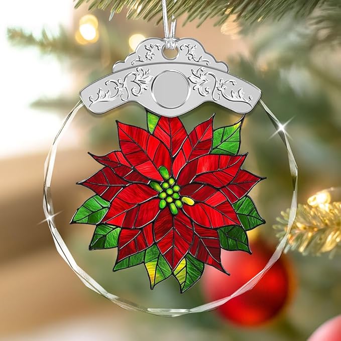 Christmas Ornaments - Poinsettia Stained Glass Ornament - Xmas Decor - Ornaments for Christmas Tree - Holiday Presents - Gift Exchange Ideas - Car Hanging Decoration - Wine Bottle Decor