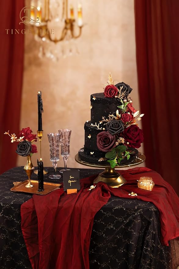 TINGE TIME Rose Artificial Flowers Combo, Fake Foam Roses with Stems for DIY Autumn Wedding Bridal Shower Decorations Party Table Centerpieces Fake Floral Arrangement Home Decor(Gothic Black and Red)