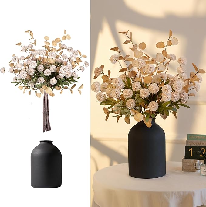 BLOSMON Dining Table Centerpiece Decor: Metal Vase with 12 Stems of Fake Mums Kiku Flower Eucalyptuses for Home - Beige Artificial Pom Poms Faux Floral Arrangements in Vase for Living Room