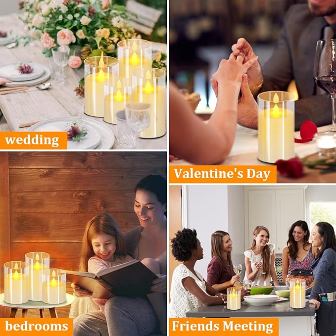 Flameless Candles 4" 5" 6" Set of 3 Acrylic Glass Pillars 3" Diameter Battery Operated Flickering Candles Include 10-Key Remote with Timer Function 400+ Hours (Pure White, Warm Light 3 Pack)