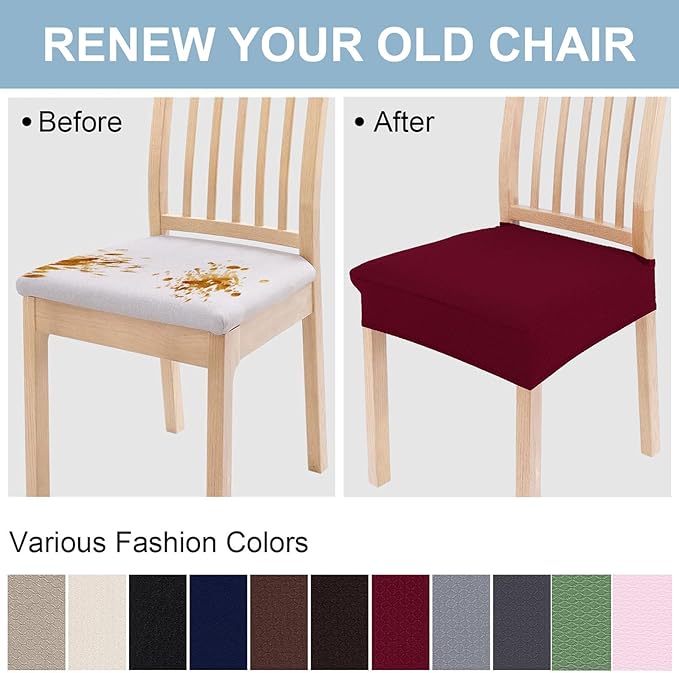 Smiry Stretch Jacquard Seat Covers for Dining Room Chairs Set of 6, Removable Washable Chair Seat Protector Slipcovers, No Rear Covers, Wine Red