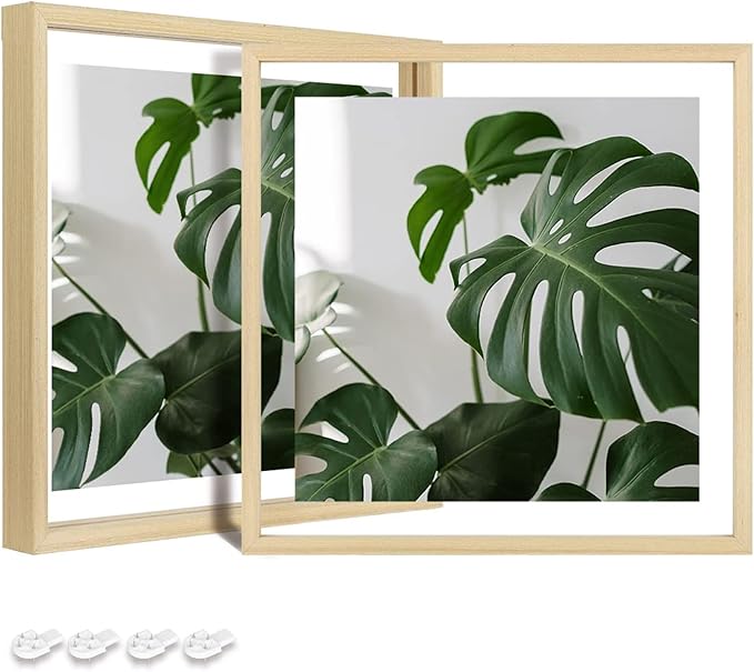 Egofine 8x8 Floating Frames Set of 2, Double Plexiglass Picture Frame, Made of Solid Wood Display Any Size Photo up to 8x8, Wall Mount or Tabletop Standing, Natural Wood