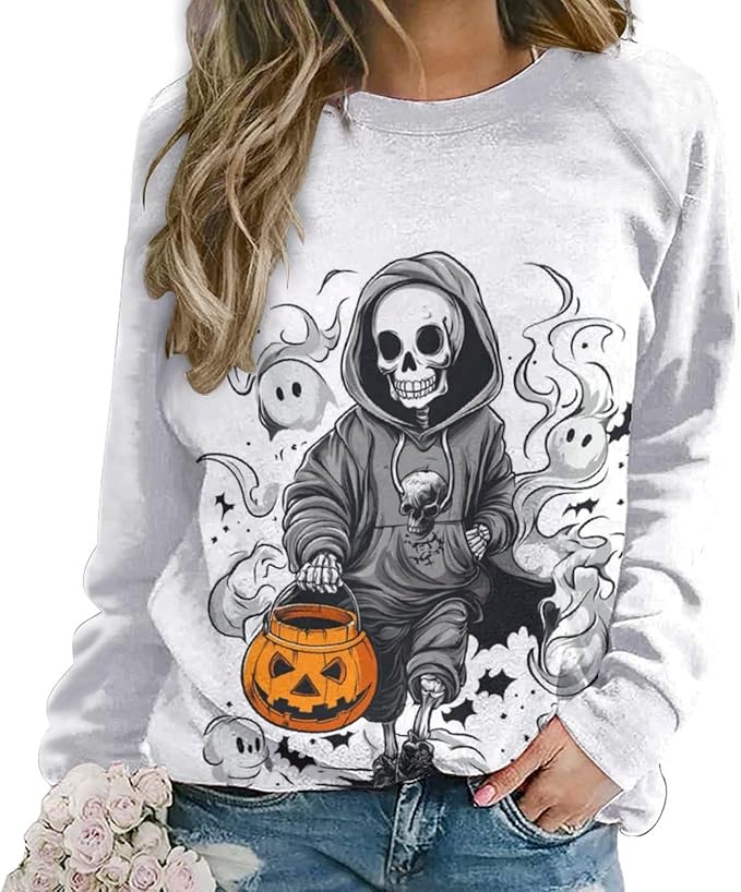 Halloween Sweatshirts for Women Funny and Spooky Print Crewneck Oversized Pullover Outdoor Lounge Fashion Sweater