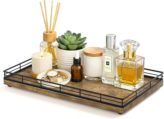 Large Bathroom Vanity Tray – 13" x 8" Decorative Wooden Tray for Bathroom Countertop & Vanity Organizer, Wood Tray for Perfume, Skincare Accessories Storage, Vanity Dresser Decor Black & Rustic Brown