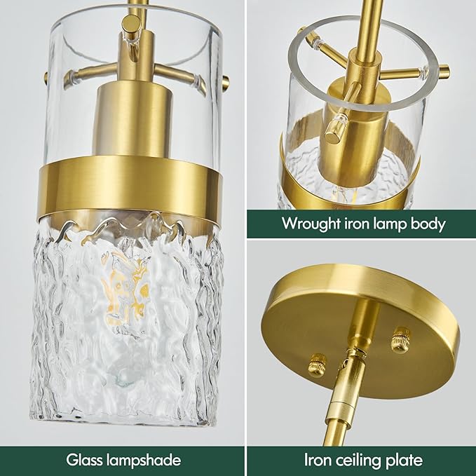 Modern Gold Pendant Light Adjustable Hanging Lighting Transparent Hammer Glass Chandelier for Kitchen Island Dining Room Bathroom Bedroom (3Pack)