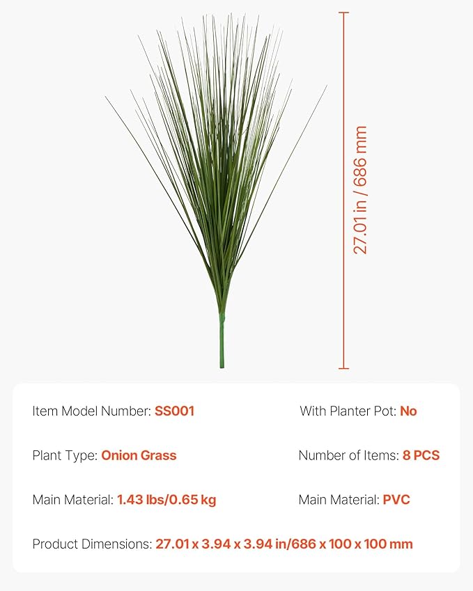 VEVOR Artificial Grass Plant, 27 inch Faux Onion Grass Fake Greenery Shrubs Plant, Premium PVC for Indoor Outdoor House Home Garden Office Room Décor, Housewarming, 8 Pack Green