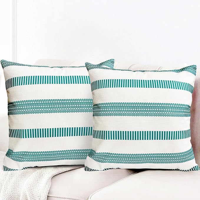 Decorative Throw Pillow Covers Set of 2 Teal Blue Boho Striped Pillow Covers 18x18 Inch Throw Pillow Cover Linen Pillowcase Farmhouse Outdoor Pillow Covers for Couch Sofa Bed Living Room