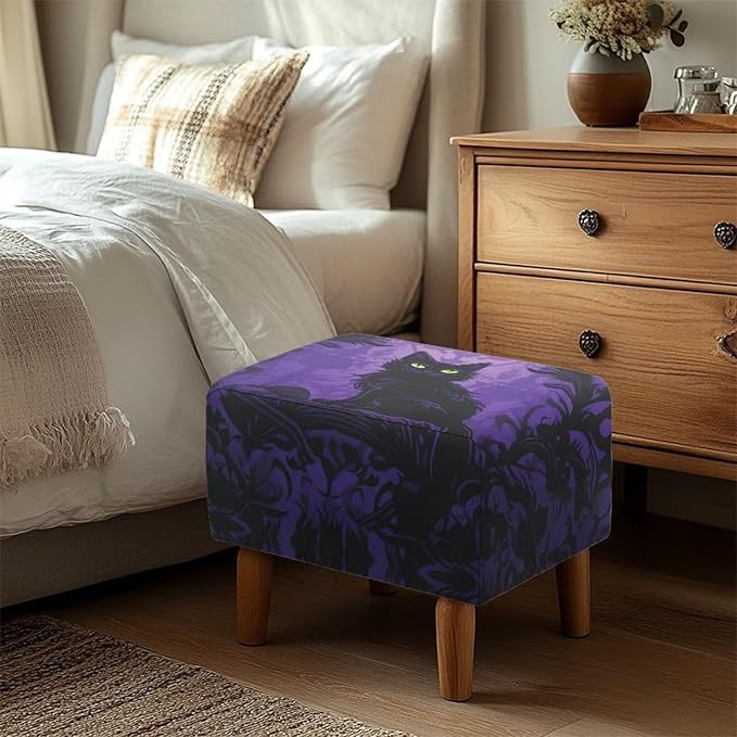Rectangle Ottoman Cover Black Cat Ultra Stretch Small Ottoman Slipcover with Elastic Band Washable Foot Stool Covers Furniture Protector for Hlloween Home Decor Size L