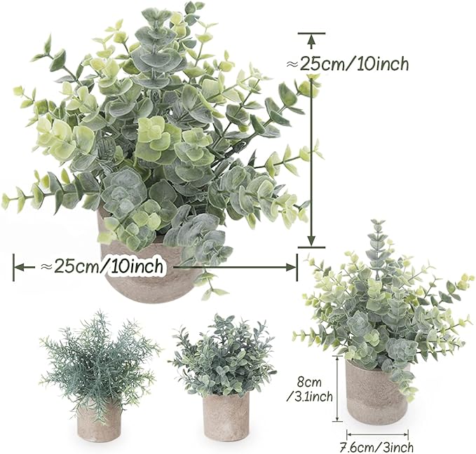 Fake Plants,3Pack Small Artificial Plants Mini Potted Faux Plants Indoor For Home Decor,Eucalyptus Greenery Plastic Green Grass Fake Plants for Shelves Desk Bathroom Bedroom Farmhouse Shelf Decor