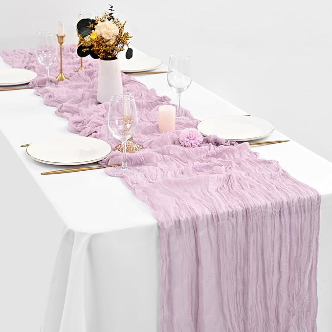 12 Pack Purple Pink Cheesecloth Table Runner 35x120 Inch 10Ft Gauze Cheese Cloth Table Runner, Boho Rustic Wedding Table Runner for Wedding Bridal Shower Graduation Banquet Table Decorations