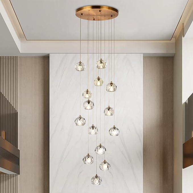 14-Light Crystal Chandeliers, 42W Raindrop Pendant Light Chandelier Large, Brass High Ceiling Chandelier Pendant Lighting with Clear Cut Crystal for Staircase Foyer Living Room