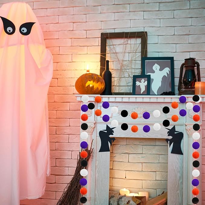Halloween Pom Pom Garland Halloween Decorations 3pk Orange Purple Black White Felt Ball Garland Cute Hanging Decor for Room Home Office Classroom Wall, Fall Wedding Birthday Party Decorations Supplies