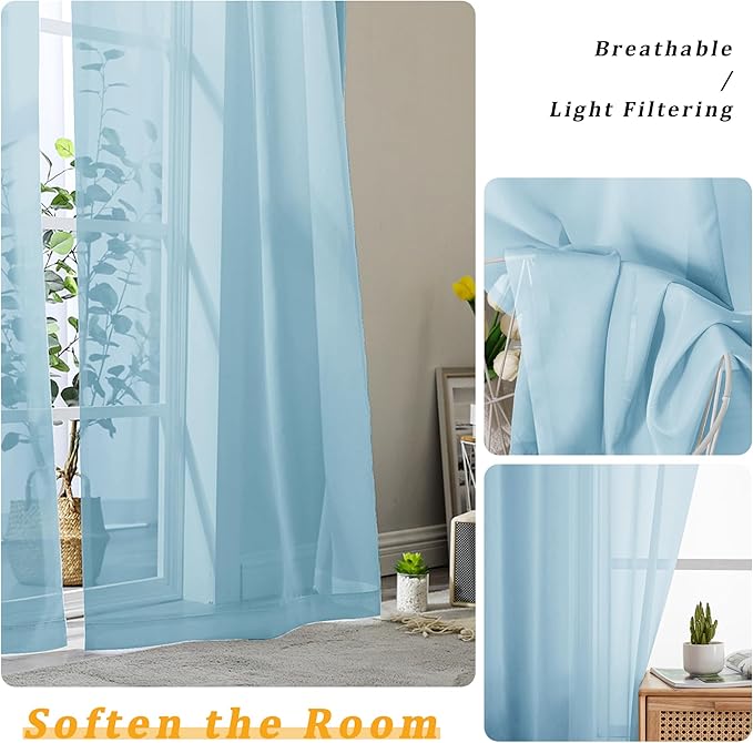 Gwine Sky Blue Sheer Curtains 30 Inch Length, Short Light Filtering Voile Small Cafe Kitchen Curtains with Rod Pocket, Short Curtain for Bathroom Window, 42x30 Inch, 2PCS