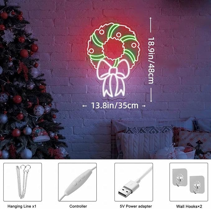 Christmas Wreath For Front Door Neon Sign - Dimmable, Customizable Colors, Festive Style, Ideal Christmas Neon Sign & Neon Signs for Wall Decor, Perfect for Living Room, Bedroom, Party, Store Window, Great Gift