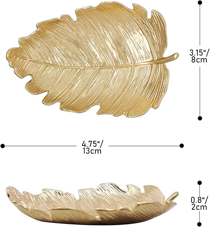 Metal Jewelry Dish, Small Leaf Shaped Ring Holder Jewelry Organizer, Trinket Dish Vanity Tray for Dresser Christmas Birthday Wedding Gifts Elm Leaves-Gold