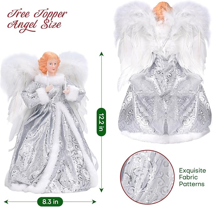 Angel Christmas Tree Topper with Lights and Remote Control, Lighted Tree Toppers Christmas Decorations, Elegant and Durable, Perfect for Xmas Holiday Home Decor and Gifts, Silver, WOKEISE