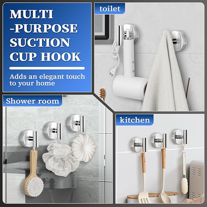 Heavy Duty Reusable Suction Cup Hooks for Shower - No Drill Bathroom/Glass/Mirror/Tiles & Metal Surfaces,and Smooth Non-Porous Surfaces for Towels, Robes, Loofahs (4, Chrome Polished)