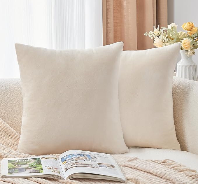 Throw Pillow Covers Neutral Beige Set of 2 22x22 Inch Pillow Covers, Soft Velvet Farmhouse Decorative Pillowcases for Couch Sofa Bed, Home Boho Decor, Modern Cushion Covers