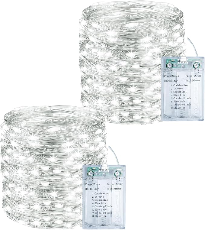 litogo 2 Pack Fairy Lights Battery Operated with Timer, 33FT 100LED Twinkle String Lights USB-C Powered 8 Modes Dimmable for Indoor Bedroom Centerpiece Wedding Classroom Dorm Christmas Decorations