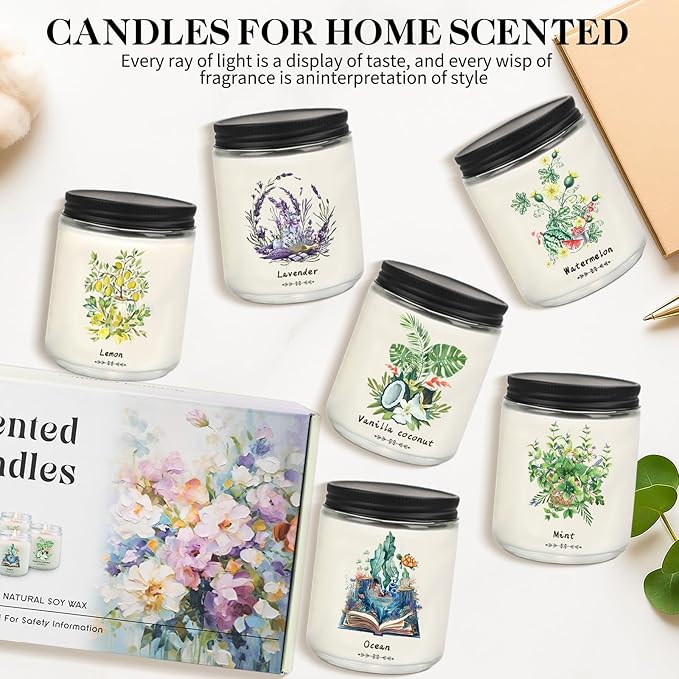 6 Pack Candles for Home Scented, 37.8 oz 300 Hour Long Lasting Candles,Aromatherapy Candles for Women Gifts, Natural Non Toxic Soy Candle Set Lavender/Vanilla Coconut/Lemon/Ocean/Mint/Watermelon