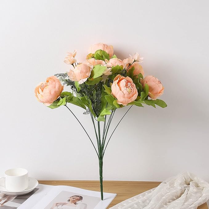 Duovlo Springs Flowers Artificial Silk Peony Bouquets Wedding Home Decoration,Pack of 1 (Spring Orange-Pink)