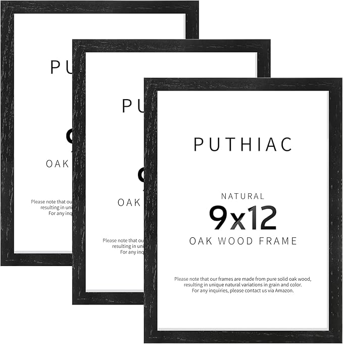 9x12 Oak Wood Picture Frams - Minimalist 9x12 Oak Wood Frames, 9"x12" Picture Frame Wood, Natural Solid Wooden Picture Frames for Wall Art Photo and Prints(3 Pack, Black)