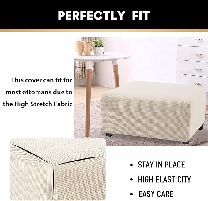 PrinceDeco Stretch Ottoman Cover Slipcovers Rectangle for Living Room Foot Stool Stretch Covers to Fit Ottoman Foot Rest, Checked Jacquard Fabric with Elastic Bottom (Large Size, Biscotti Beige)