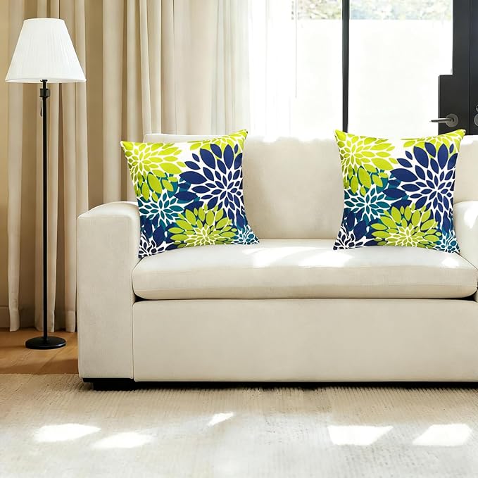 Decorative Throw Pillow Covers Set of 2 Blue Green pillow covers 22x22 Inch Couch Pillow Covers for Sofa Living Room Outdoor throw pillow cover Linen Square Floral Flower Farmhouse Pillowcase