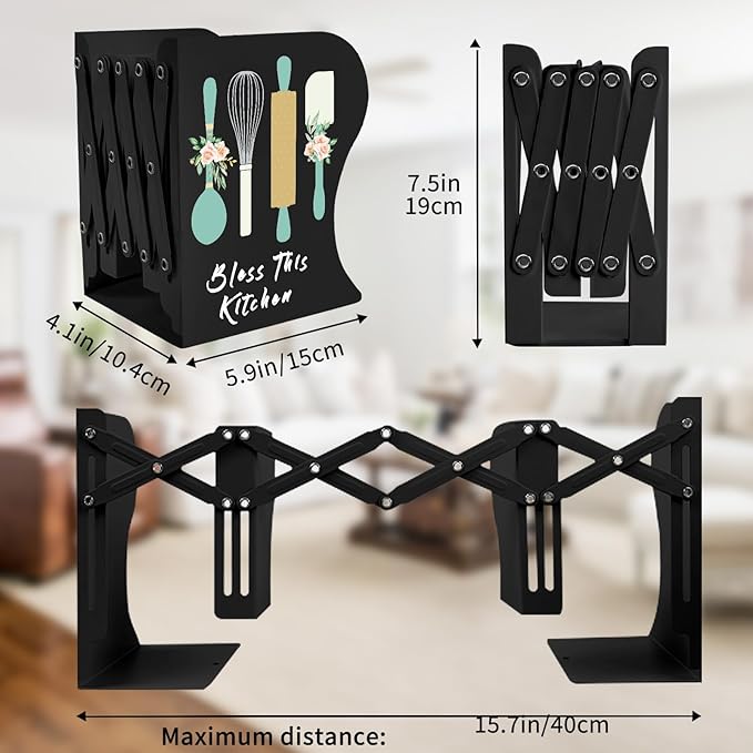 Cookbook bookends, Kitchen bookends, Adjustable Metal Book Ends for Shelves Decorative Unique Design for Heavy Books,Non-Skid Book Holder for Kitchen Housewarming Cooking Lover Gifts (Black 2)