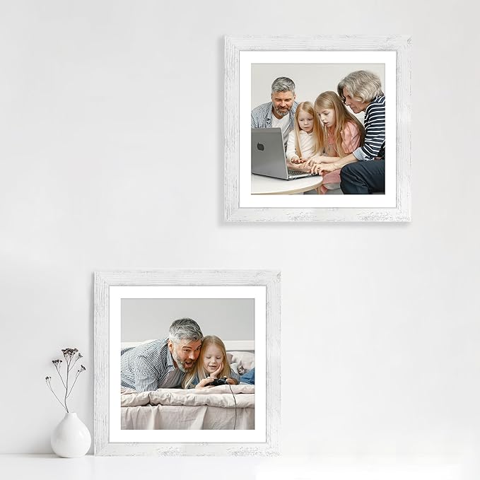 iRahmen 12x12 Picture Frame Set of 4 with Tempered Glass, Display 10x10 Picture with Mat or 12 x 12 Without Mat, Mixed Color Wood Photo Frames for Tabletop Display and Wall Mounting