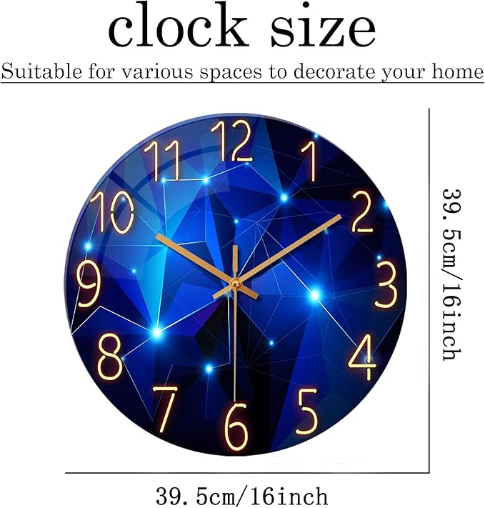 Blue Wall Clock Battery Operated 16 Inch Analog Glass Wall Clock Non Ticking Large Wall Clocks for Living Room Decor