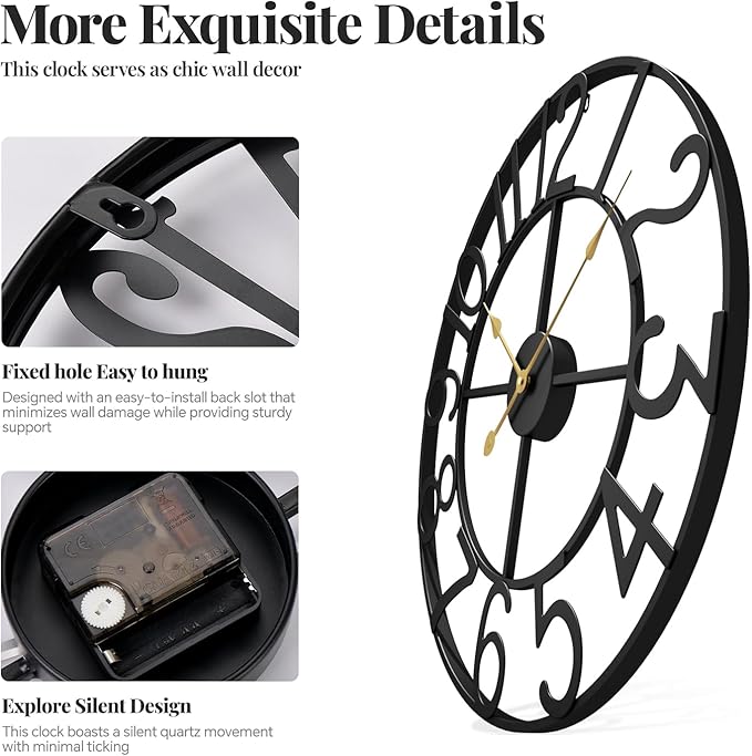 Cuspin Large Wall Clock for Living Room Decor, 30 Inch Decorative Wall Clocks Battery-Operated Silent Non Ticking Metal Modern Black Round Clock Arabic Numerals