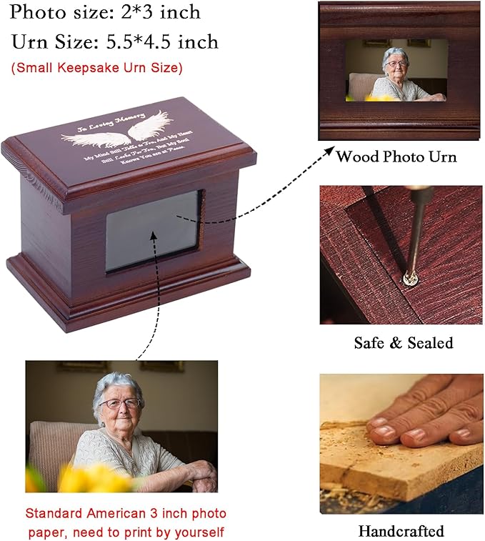 5.5 Inch Small Wooden Memorial Urn with Photo Frame, Keepsake Urn Box for Human/Pet Ashes - Wing