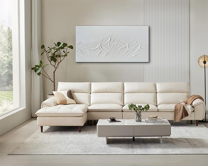 Creespi Hand-Painted Textured White Mountain Oil Painting on Canvas 24x48 inch,Modern Minimalist Abstract Landscape Wall Art for Home Wall Décor
