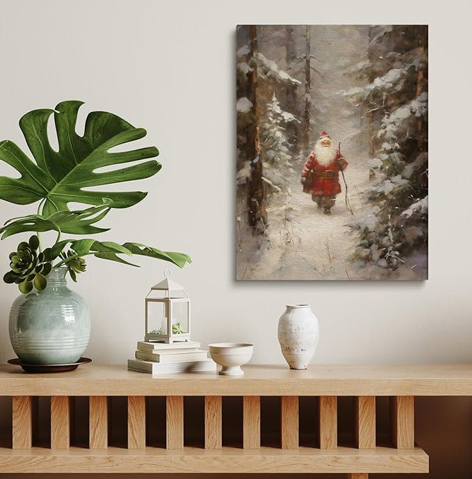 Christmas Country Painting,Vintage Santa Oil Painting, Snow Farmhouse Scene Print,Vintage Santa Poster,Christmas Wall Art, Christmas Vertical Print, Christmas Home Decor12x16inch Framed Art