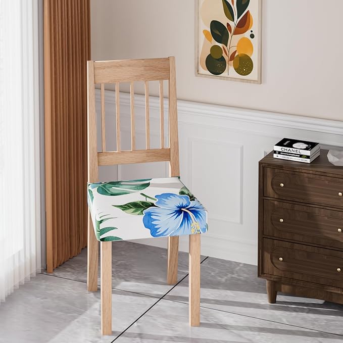 Stretch Dining Chair Seat Covers Set of 6,Dining Chair Slipcovers, Floral Printed Chair Covers,Soft Fabric Washable Upholstered Chair Seat Protector, No Rear Covers for Home Kitchen Dining Room