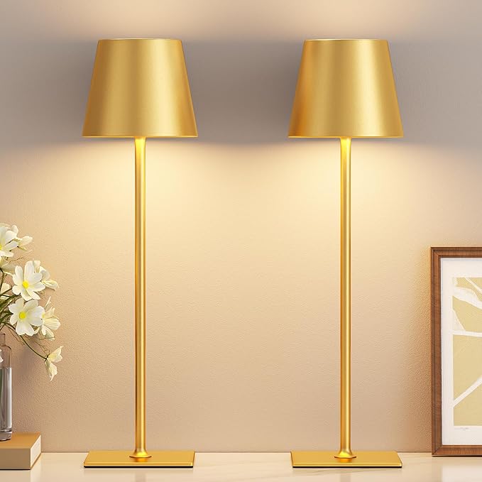 Kakanuo Gold Cordless Rechargeable Table Lamp 5000mAh Battery Operated Lamps, 3 Colors Stepless Dimming Touch Lamp for Living Room, Kitchen Counter, Dining, Outdoor Patio, 2 Pack