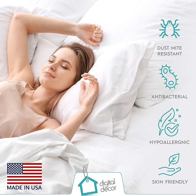 Digital Decor Premium Hotel Pillows, Made in USA Hypoallergenic Down‐Free Pillows with 100% Cotton Cover, Medium Firm Support for All Sleepers, Includes 2 Free Pillowcases, Set of 2, Standard 20"x26"