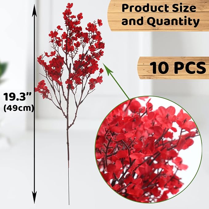 Hananona 10 Pcs Babys Breath Artificial Flowers Real Touch Fake Red Flowers Silk Plants for Christmas Home Decor Indoor Floral Arrangement Table Centerpieces Halloween Decor (Red, 10)