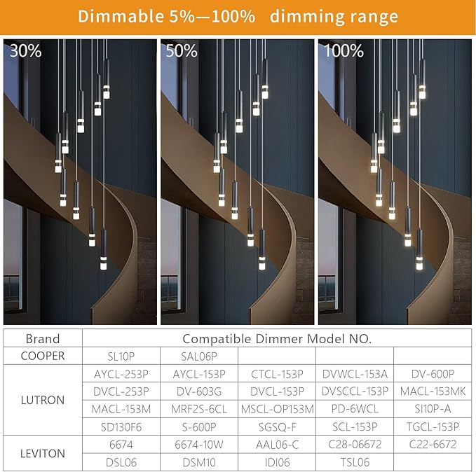 9-Light Modern Pendant Light Fixture Dimmable LED 54W Black Staircase Large Chandelier Lobby Living Room Bedroom Foyer High Ceiling Chandelier