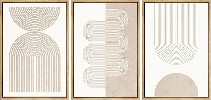 SIGNWIN Framed Canvas Print Wall Art Set Geometric Duotone Tan Spiral Waves Shapes Abstract Illustrations Modern Art Decorative Nordic Calm/Zen for Living Room, Bedroom, Office - 24"x36"x3 Natural