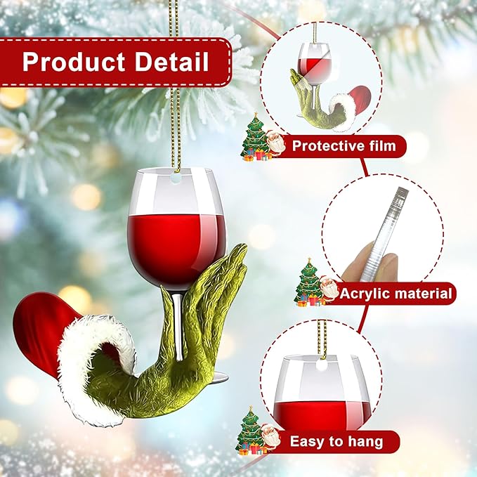 Wine Ornaments for Christmas Tree-2D Acrylic Wine Cup Green Hanging Decorations, Funny Christmas Ornaments,Unique Christmas Ornaments for Stocking Stuffers & Xmas Gifts